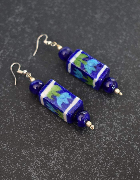 Blue Pottery Rectangle Bead Earrings (Blue)