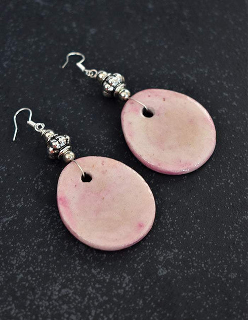 Oval Pendant Earrings ( Pink )