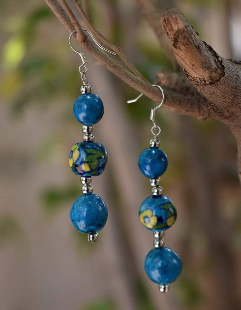 Blue Pottery 3 Beads Earrings (Turquoise)