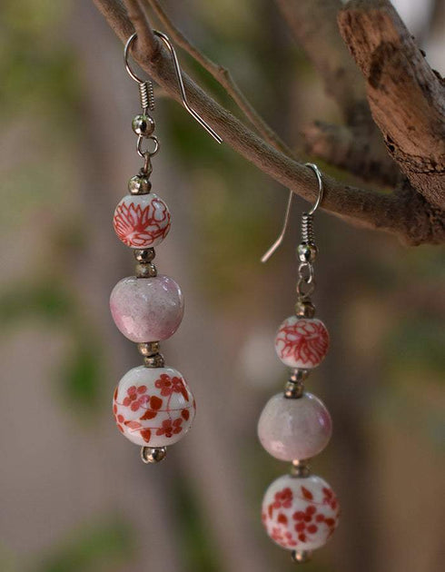 Blue Pottery 3 Beads Earrings (Red &Pink)
