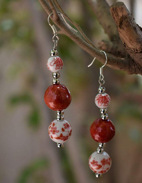 Blue Pottery 3 Beads Earrings (Red & White)