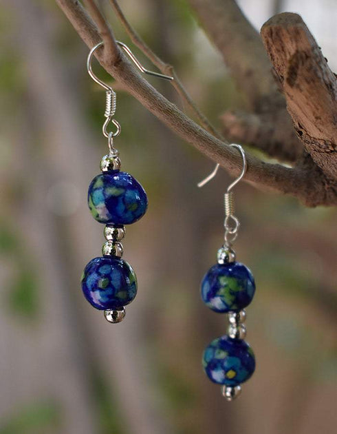 Two Bead Blue Pottery Earrings (Blue & Green)