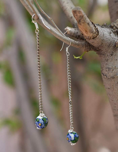Blue Pottery beads With Metal Chain Earring in White Base With Purple Flower