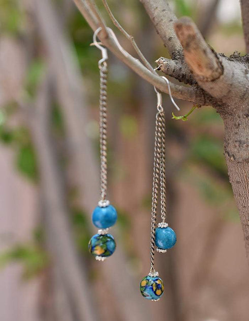 Blue Pottery beads With Metal Chain Earring in Turquoise Base With Yellow Flower