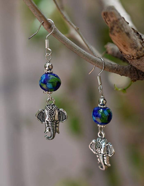 Metal Ganesha & Blue Pottery Bead Earrings