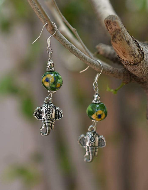 Metal Ganesha & Blue Pottery Bead Earrings