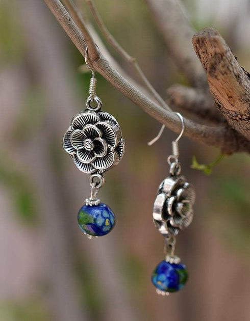 Metal Flower & Blue Pottery Bead Earrings