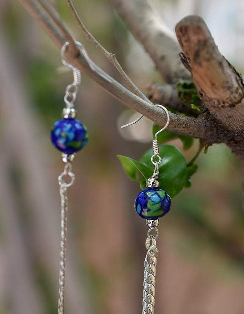 Earring With Blue Pottery Ceramic Beads With Metal Chain in Blue Colour