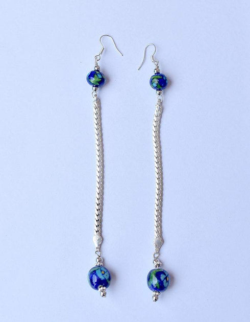 Earring With Blue Pottery Ceramic Beads With Metal Chain in Blue Colour