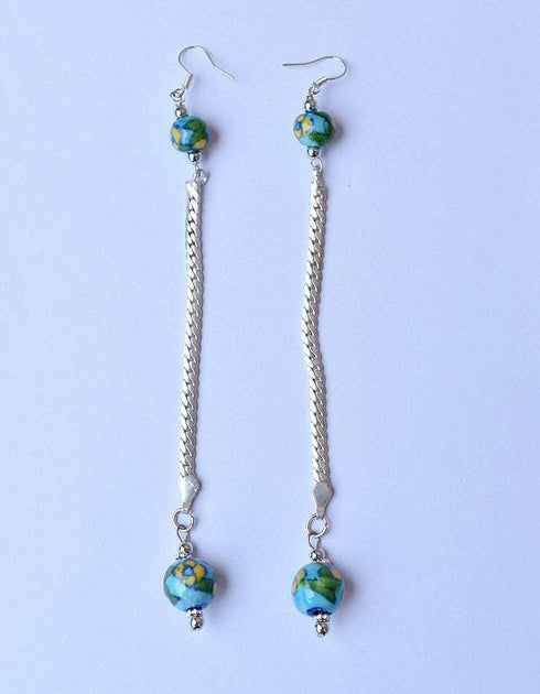 Blue Pottery beads With Metal Chain Earring in Turquoise Base With Yellow Flower