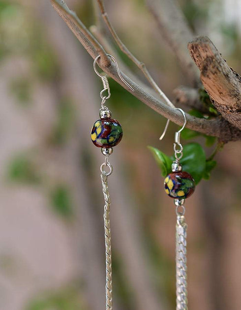 Blue Pottery beads With Metal Chain Earring in Red Base With Yellow Flower