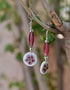 Blue Pottery Round Flat beads With Glass Bead Earring in White Base With Red Flower