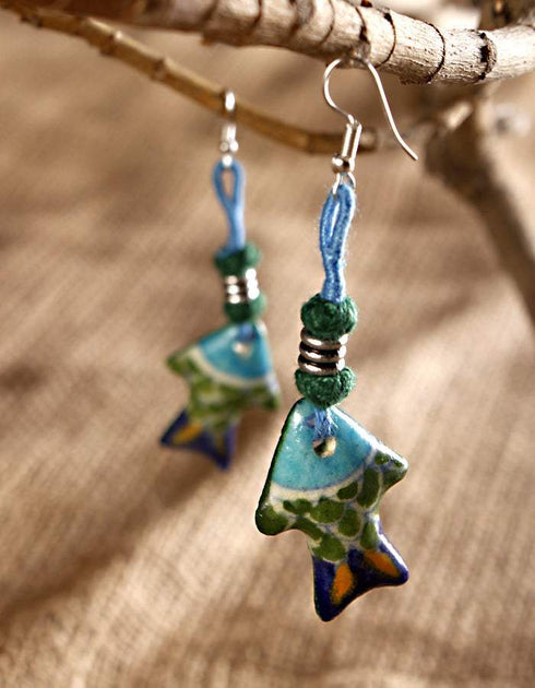 Fish Pendant Earring (Green Body, Assorted Colour Threadwork)