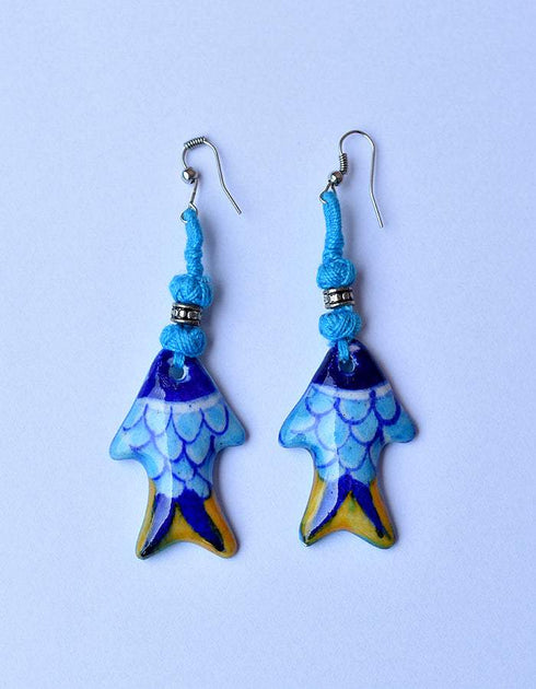 Fish Pendant Earrings Blue Body, assorted Colour Thread work & Tail)