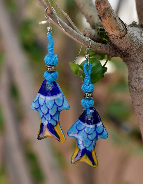Fish Pendant Earrings Blue Body, assorted Colour Thread work & Tail)