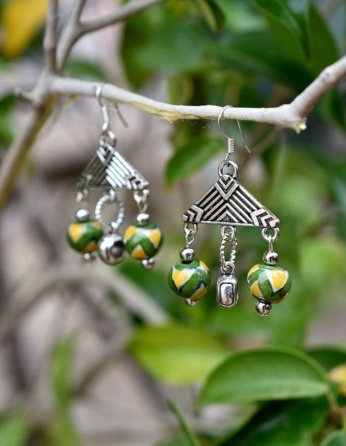 Blue Pottery Two Bead Earrings in Green & Yellow Colour