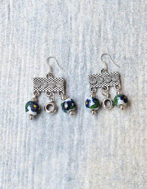 Blue Pottery Two Bead Earrings in White & Blue Colour