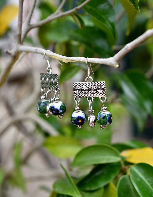 Blue Pottery Two Bead Earrings in White & Blue Colour