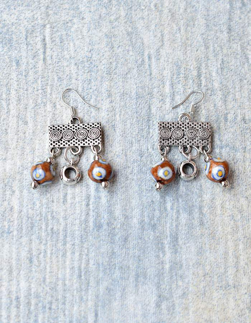 Blue Pottery Two Bead Earrings in Brown & White Colour