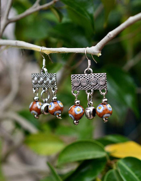 Blue Pottery Two Bead Earrings in Brown & White Colour