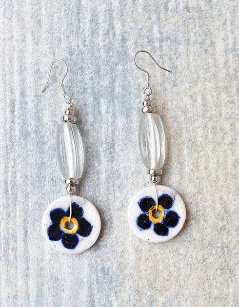 Blue Pottery Round Flat beads With Glass Bead Earring in White Base With Black Flower