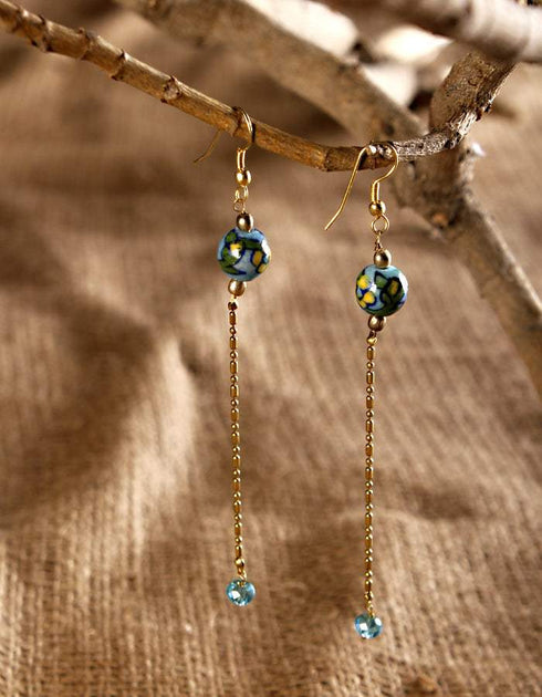 Blue Pottery Bead With Chain Earring (Turquoise)