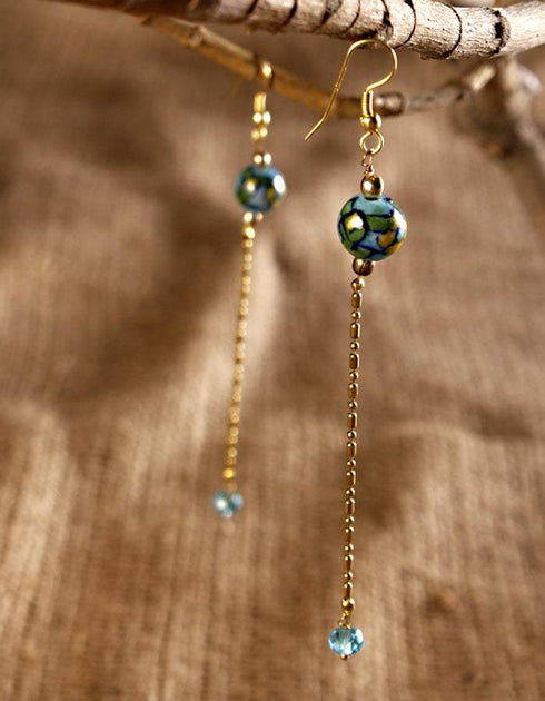 Blue Pottery Bead With Chain Earring (Turquoise)