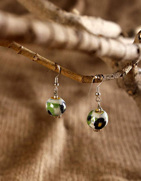 Single Blue Pottery Bead Earring (White)