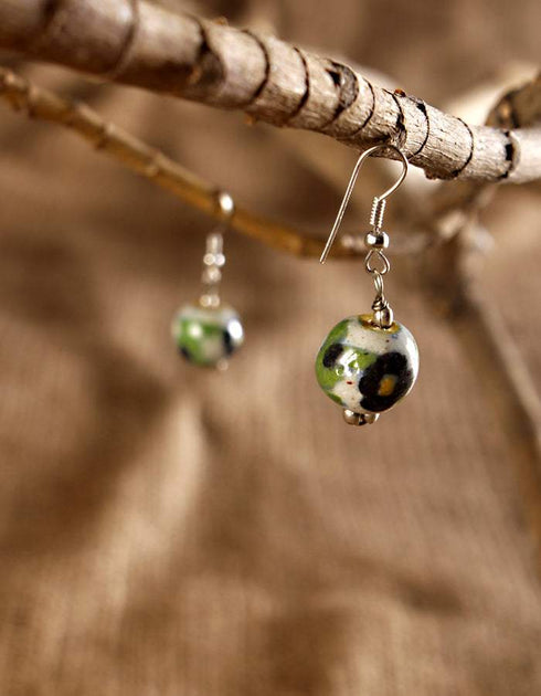 Single Blue Pottery Bead Earring (White)