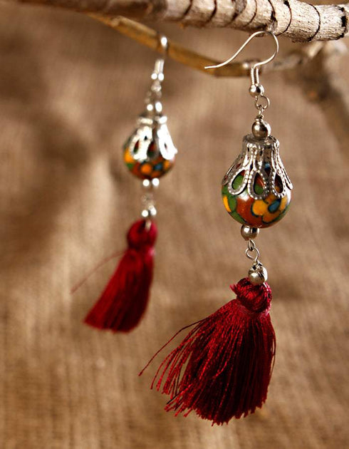 Blue Pottery Bead With Tassels Earring (Brown)