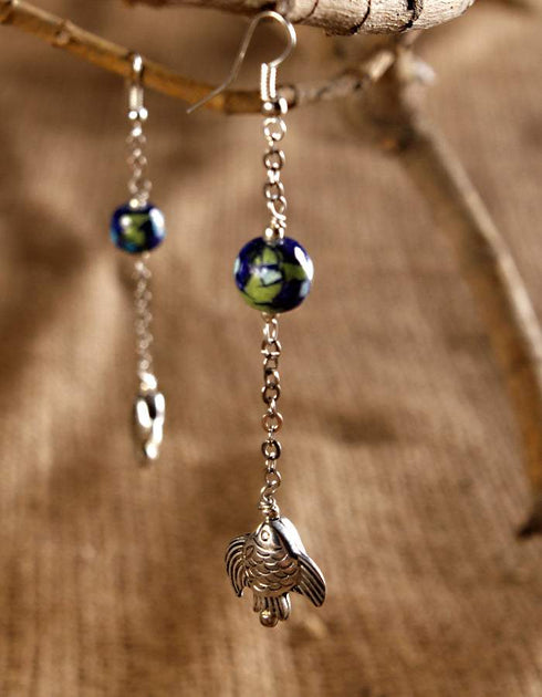 Blue Pottery Bead with Metal Fish Earring (Blue)