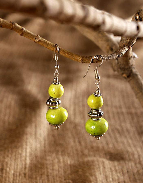 Blue Pottery 2 Beads Earring Small (Lime Green)