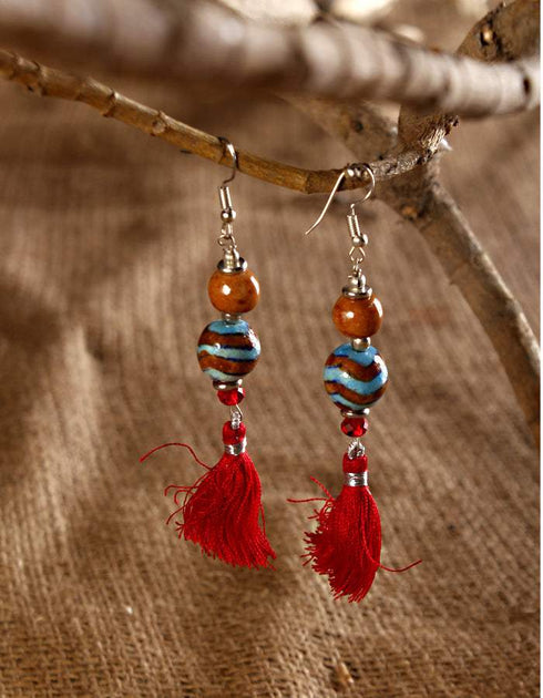 Blue Pottery 2 Beads Earrings With Tassels (Striped Brown & Turq)