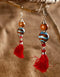 Blue Pottery 2 Beads Earrings With Tassels (Striped Brown & Turq)