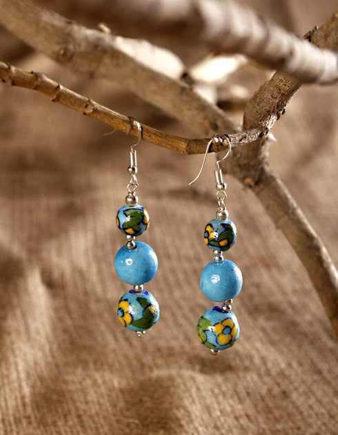 Blue Pottery 3 Beads Earrings (Turquoise & Yellow)