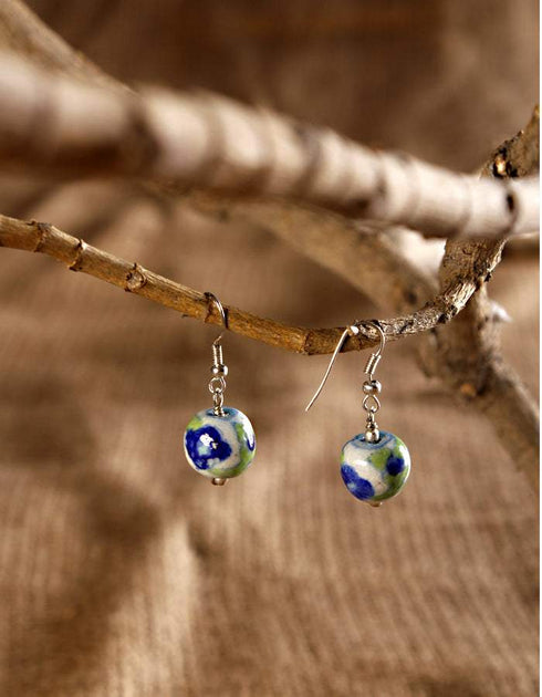 Single Blue Pottery Bead Earrings (White)