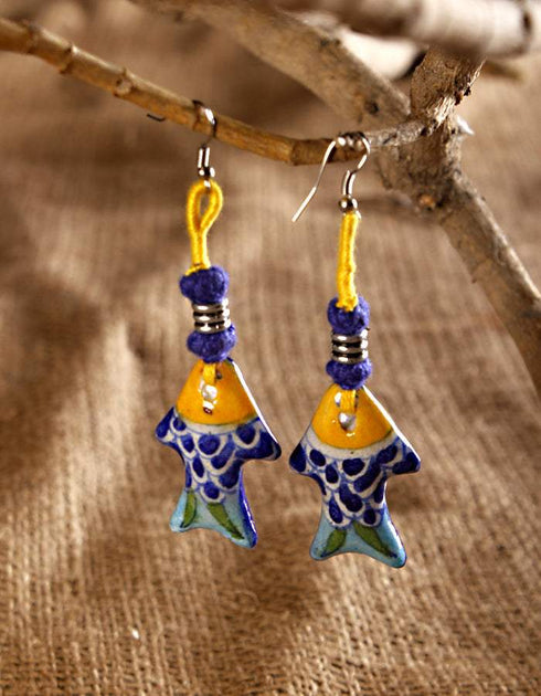 Fish Pendant Earrings (Blue & White Body, Assorted Colour Threadwork)