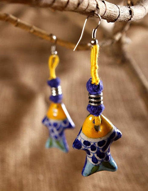 Fish Pendant Earrings (Blue & White Body, Assorted Colour Threadwork)