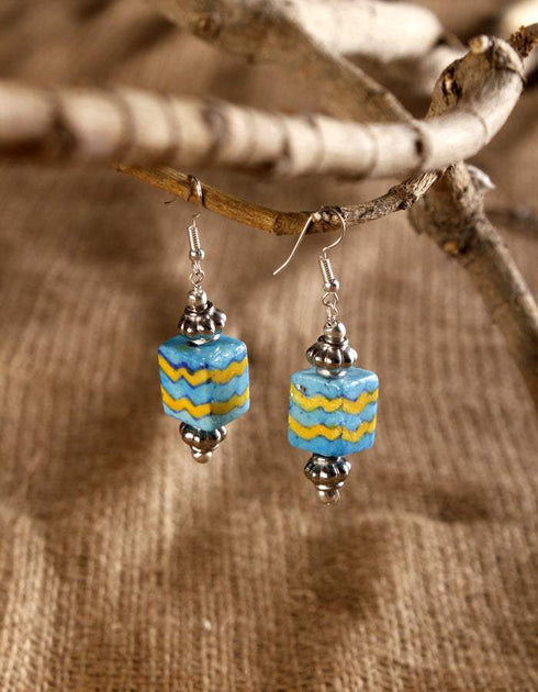 Square Blue Pottery Bead Earrings (ZigZag)