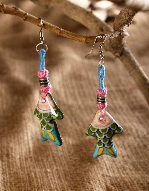 Fish Pendant Earrings (Green & Pink Body, Assorted Colour Threadwork)