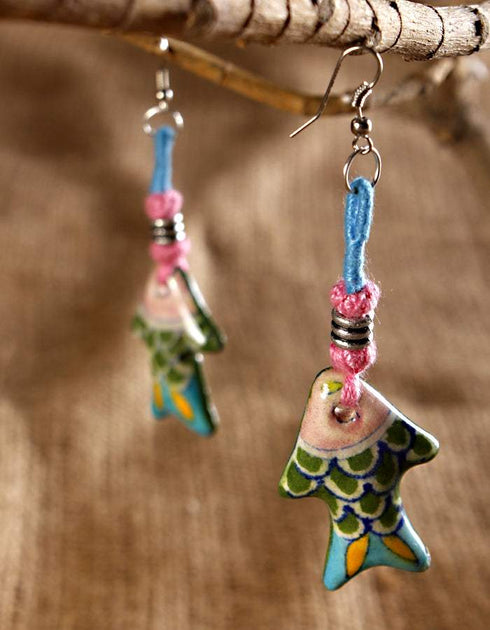 Fish Pendant Earrings (Green & Pink Body, Assorted Colour Threadwork)