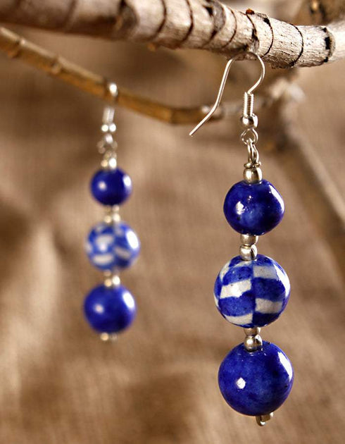Blue Pottery 3 Beads Earrings (Blue- Geo)