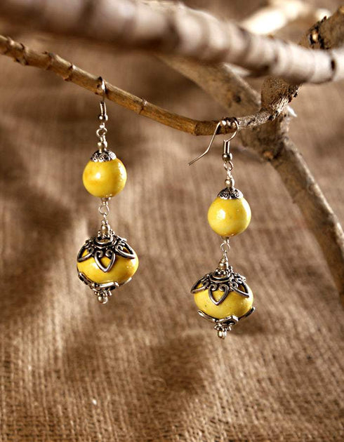 Blue Pottery 2 Beads Earrings Big (Yellow)