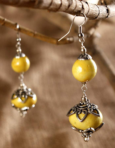 Blue Pottery 2 Beads Earrings Big (Yellow)