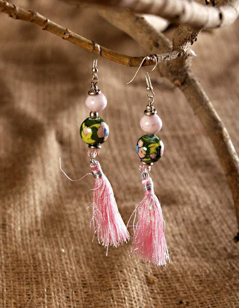 Blue Pottery 2 Beads Earrings with Tassels (Pink)