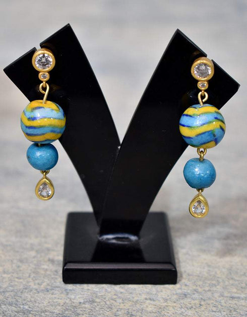 Blue Pottery 2 Bead Earring Turquoise & Yellow