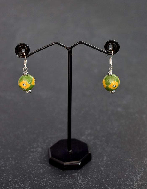 Single Blue Pottery Bead Earrings (Green &Yellow)