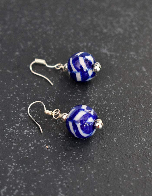 Single Blue Pottery Bead Earrings ( Blue & White)