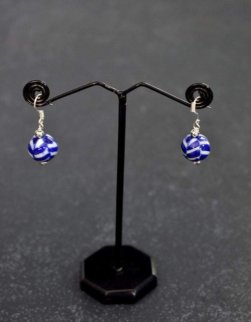 Single Blue Pottery Bead Earrings ( Blue & White)