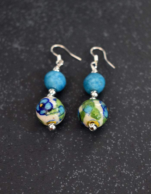 Two Bead Blue Pottery Earrings ( White & Turquoise )